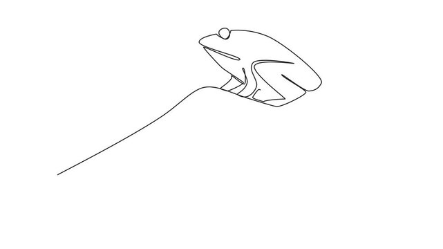 Self drawing animation of single continuous line drawing frog on open palm. Released into their natural habitat to live in the wild. Balance. Environmental. Save The Frogs Day. Full length animated