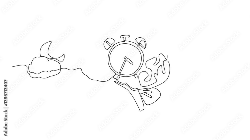 Poster self drawing animation of single one line drawing alarm clock in the middle of the brain with cloudy