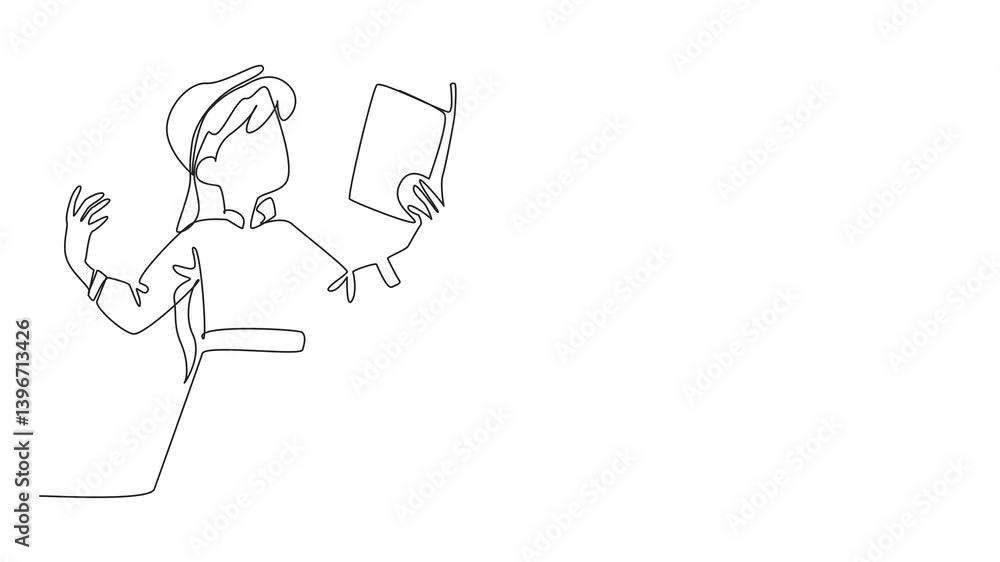 Poster animated self drawing of continuous one line drawing a girl reading a book or poem with an attractiv