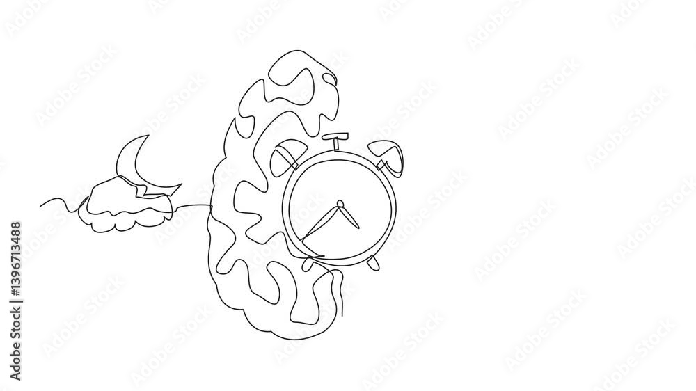 Poster animated self drawing of continuous line drawing in middle of brain is alarm clock, with cloudy sun 