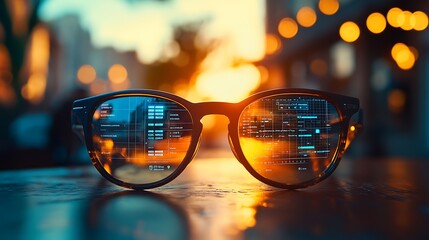 Macro of AR glasses on a table, with interface reflection visible in the lenses showing a digital calendar overlay. Warm coffee shop light in the background. Created Using: lifestyle-tech concept,