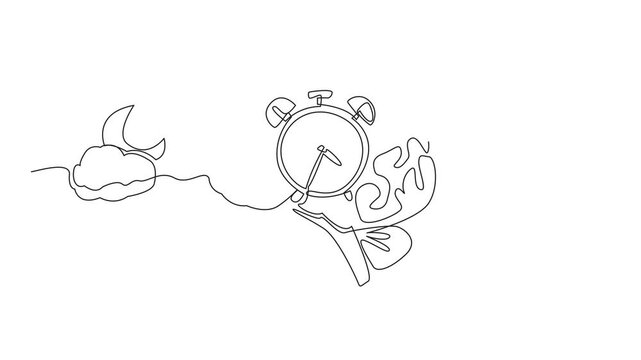 Self drawing animation of single one line drawing alarm clock in the middle of the brain with cloudy sun and cloudy crescent moon. Natural biological rhythm. Biological Clock Day. Full length animated