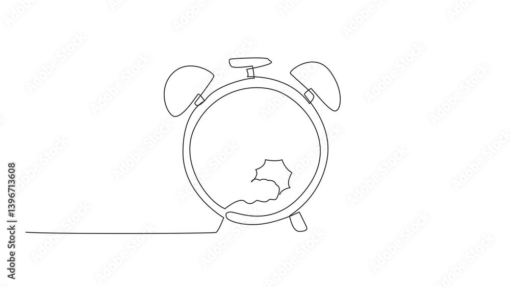 Poster animation of single one line drawing alarm clock which has a picture of a cloudy crescent moon and a