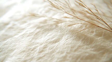 Macro photo of biodegradable paper texture, showing individual plant fibers and grain patterns under soft daylight. Neutral background blurred out for focus. Created Using: ultra macro lens,