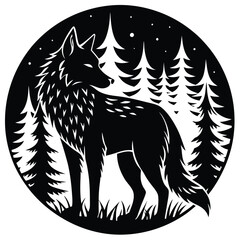 Wild wolf head vector illustration, a black and white canine animal drawing