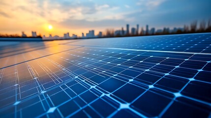 Macro shot of a modern solar panel surface, showing fine grid lines and blue photovoltaic cells reflecting direct sunlight.