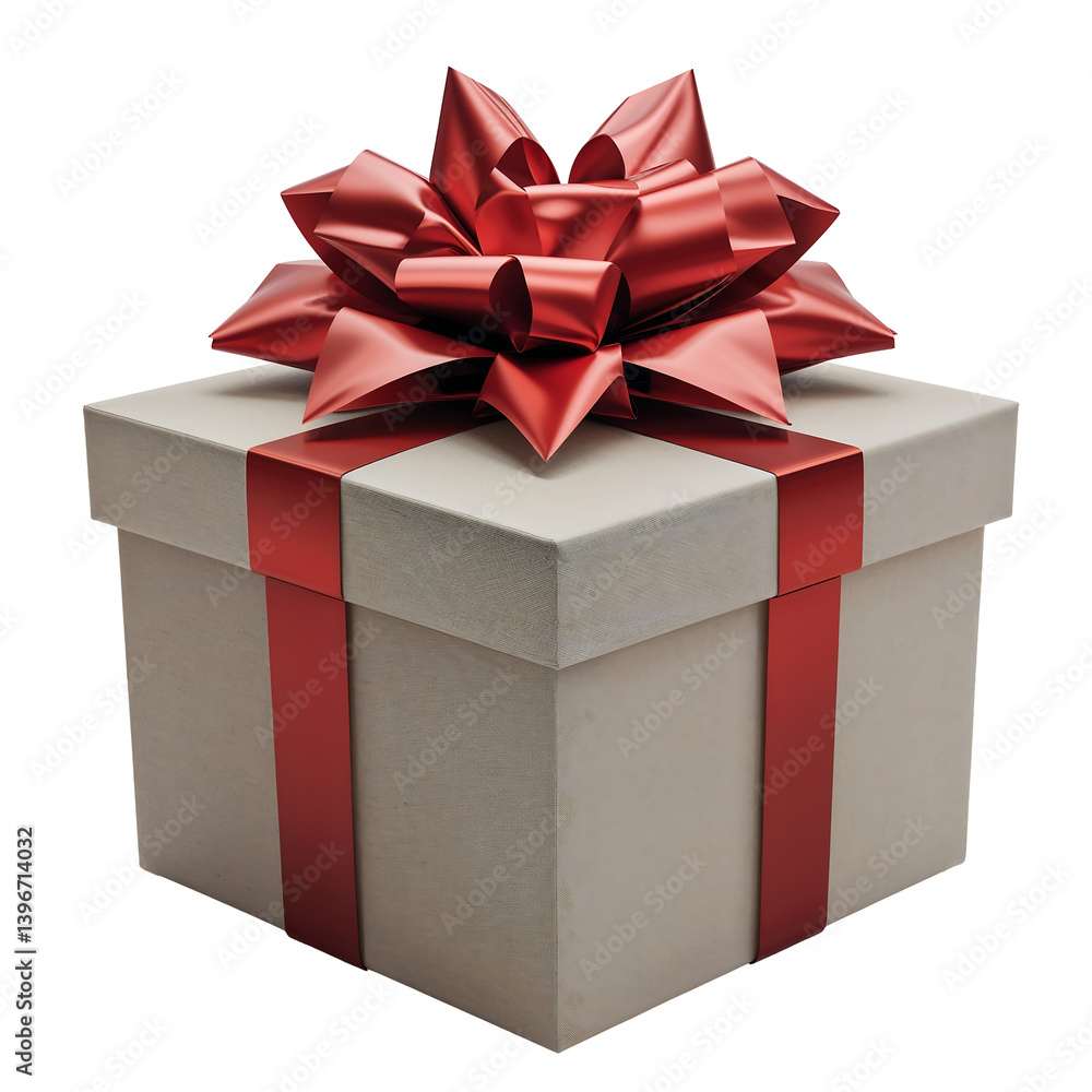 Poster elegant gift box with a red ribbon and bow, realistic design with glossy surface and fine details, i