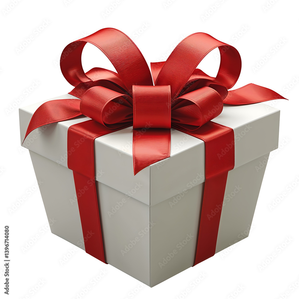 Poster elegant gift box with a red ribbon and bow, realistic design with glossy surface and fine details, i