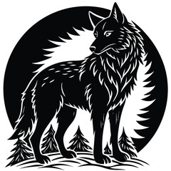 Wild wolf head vector illustration, a black and white canine animal drawing
