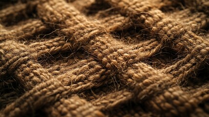 Fototapeta premium Natural jute fiber macro texture under directional LED lighting, with fraying edges and dust particles visible. Earth-tone color scheme. Created Using: rustic fiber focus, textile macro lens,