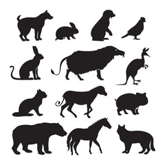 silhouette the set includes a Cat, Dog, Mouse, Rat, Hamster, Rabbit, Duck, Chicken, Sheep, Goat, Pig, Cow, Fox, Wolf, Bear, Koala, Deer, Giraffe, Elephant, Tiger, Lion
