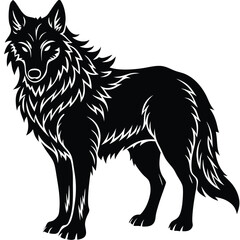 Wild wolf head vector illustration, a black and white canine animal drawing