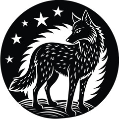 Wild wolf head vector illustration, a black and white canine animal drawing