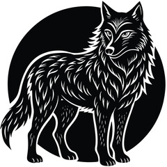 Wild wolf head vector illustration, a black and white canine animal drawing