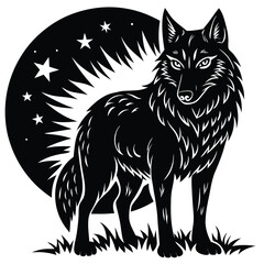 Wild wolf head vector illustration, a black and white canine animal drawing