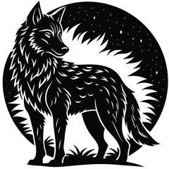 Wild wolf head vector illustration, a black and white canine animal drawing