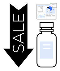 Black downward arrow with sale, online analysis dashboard with graphs, medicine bottle illustration. Ideal for sales analytics, healthcare, discount promotion, marketing, e-commerce, pricing simple
