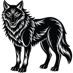 Wild wolf head vector illustration, a black and white canine animal drawing