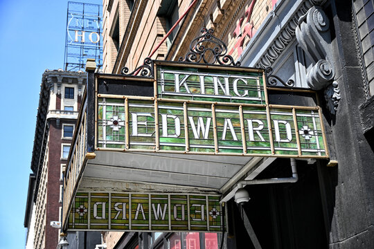 LOS ANGELES, CALIFORNIA - 7 APR 2025: The King Edward Hotel was an eight-story, 360 room palace with a vast two-story lobby lined in Italian marble, now a low income housing facility.