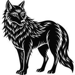 Wild wolf head vector illustration, a black and white canine animal drawing