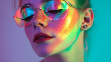 In an artistic environment, a model showcases stunning holographic makeup that reflects a spectrum of colors. This captivating look highlights her features under modern, creative lighting