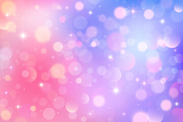 Pink unicorn background with glitter stars and bokeh. Dreamy magic sky. Purple fantasy fairy gradient. Lovely vector pastel wallpaper with iridescent gradient.