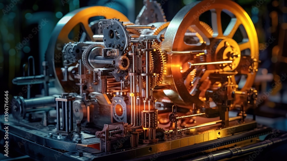 Poster intricate vintage mechanical device with glowing gears and cogs