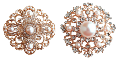 Set of a Beautiful vintage brooch with pearls and rose gold, isolated on transparent background.