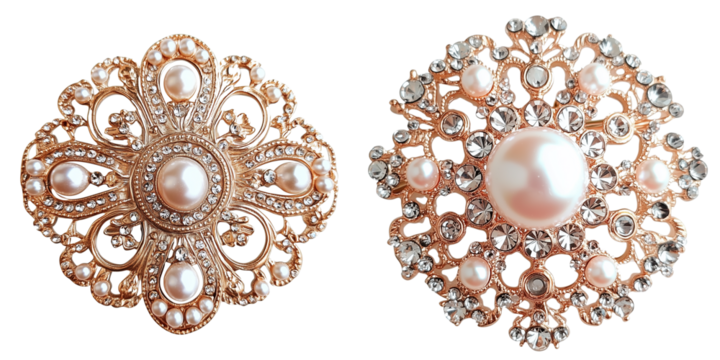 Set of a Beautiful vintage brooch with pearls and rose gold, isolated on transparent background.