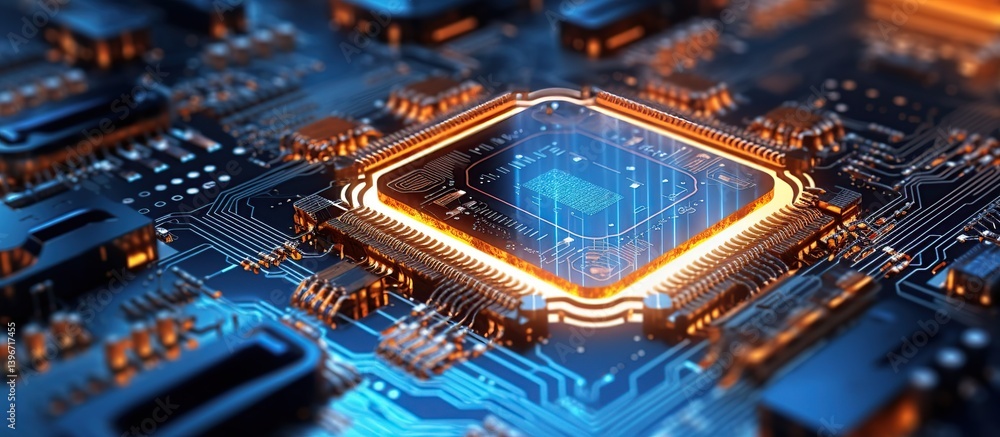 Aufkleber close-up of futuristic microchip with circuit board background