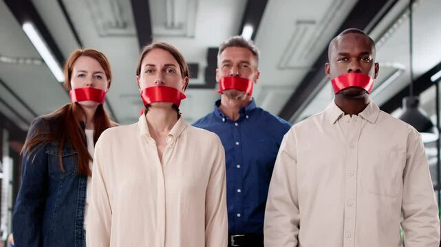 Business Team Group With Black Duct Tape Over Mouth In Office