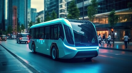 Fototapeta premium Futuristic Electric Bus Driving Through Modern City Streets at Dusk