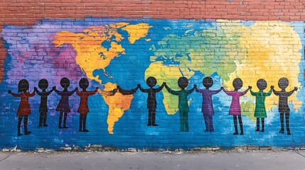 A mural painted on a brick wall showing workers from every continent holding hands across an illustrated world map, captured in vibrant street photography style. Created Using: Urban art realism,