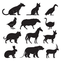silhouette the set includes a Cat, Dog, Mouse, Rat, Hamster, Rabbit, Duck, Chicken, Sheep, Goat, Pig, Cow, Fox, Wolf, Bear, Koala, Deer, Giraffe, Elephant, Tiger, Lion