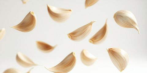 garlic cloves falling in mid-air, isolated, high-resolution studio photography style, soft natural lighting, white seamless background, sharp focus, subtle shadows, realistic textures, clean compositi