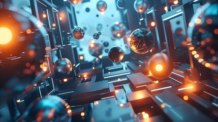 Complex Abstract 3D Artwork with Vibrant Light and Metal