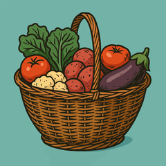 Vegetable Harvest Wicker Basket Still Life Cartoon Style Illustration