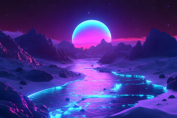 Neon River Flows Through Alien Landscape