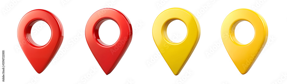 Poster collection of red and yellow 3d location pins map markers for navigation and gps applications transp