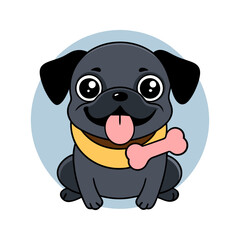 Naklejka premium Happy black pug cartoon vector with pink tongue, yellow collar, and bone accessory on blue circular background.
