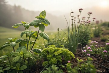 Obraz premium Fresh Green Herbs Growing in Misty Garden at Sunrise