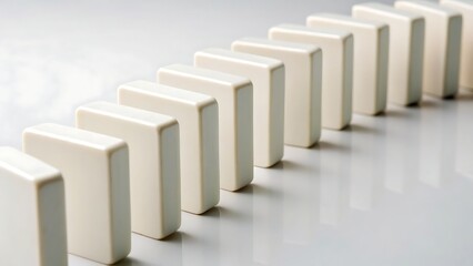 customer experience meetings presentation, A line of white dominoes poised to fall in a chain reaction.