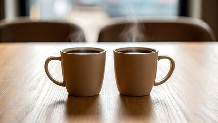 customer experience meetings presentation, Two steaming coffee cups on a wooden table create a cozy atmosphere.