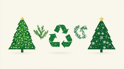 Green Christmas trees with recycling sign, vector set