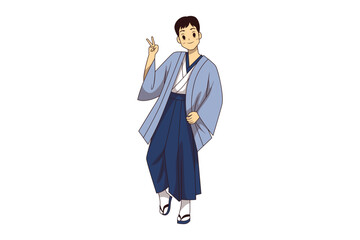 Cartoon Japanese Boy in Traditional Clothes