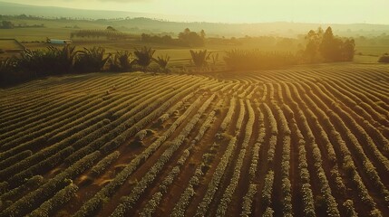Golden Sunset Over Patterned Agricultural Field