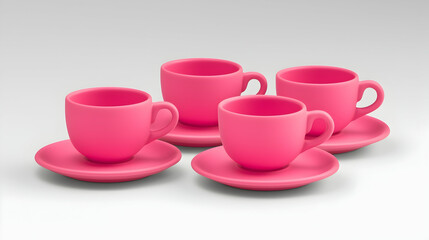 Four pink teacups and saucers on a white background, ready for a tea party