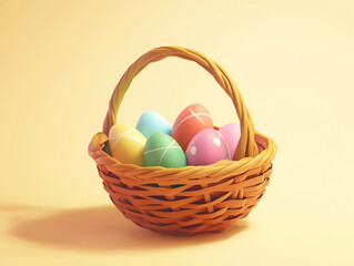 Naklejka premium Colorful Easter Eggs in Wicker Basket: Vibrant Pastel Springtime Celebration Background