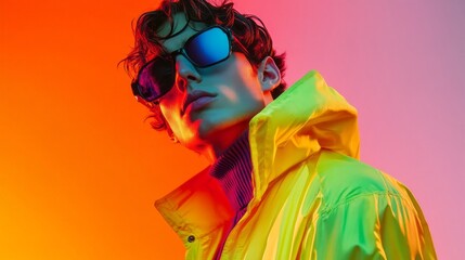 Obraz premium A fashionable man dons a striking neon jacket while striking a confident pose. The colorful background enhances his modern look, making a bold statement at a lively urban gathering