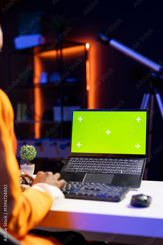 Poster teleworker in home office editing documents on mockup laptop, updating reports and files, typing tex